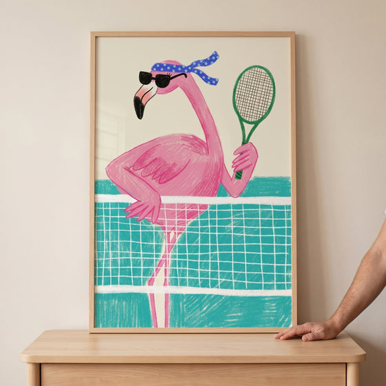 Tennis playing pink flamingo wall art with a flamingo wearing sunglasses and a headband holding a green racket at a net.