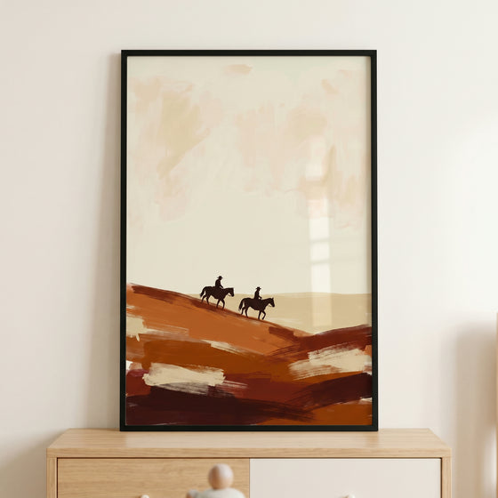 Textured brushstroke desert cowboy wall art with two horse riders on earthy brown hills against a minimalist beige sky.
