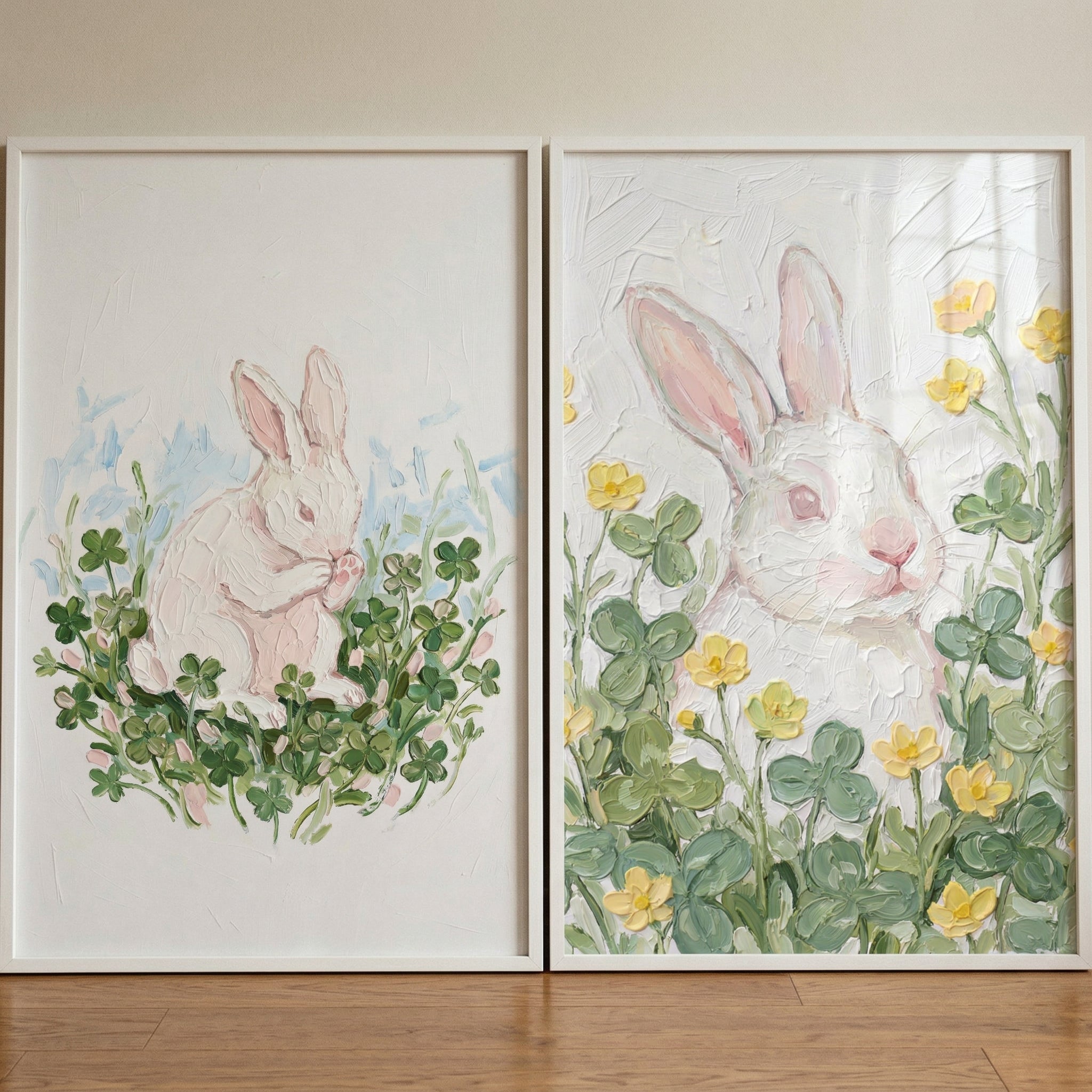 Textured White Bunny & Clover Wall Art Set of 2