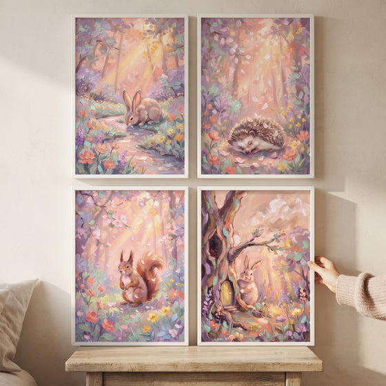 Textured golden forest animals wall art set of 4 featuring a bunny, hedgehog, and squirrel in a pastel woodland.