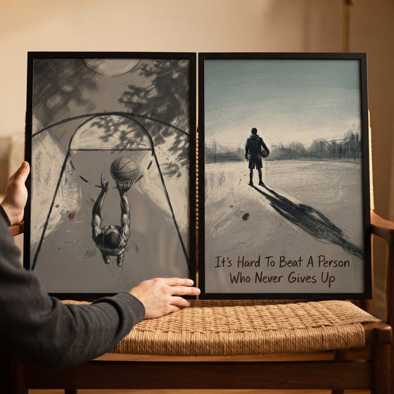 Textured grainy basketball player sports wall art set of 2 showing an overhead court view and a silhouette with a quote.