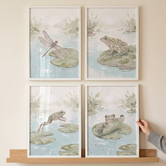Dragonfly and frog textured mossy pond artwork set of 4. Four framed scenes of pond life in muted green and blue tones.