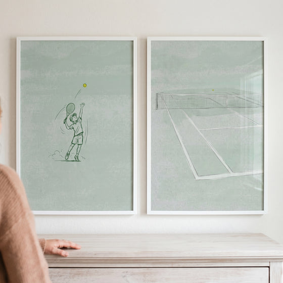 Textured paper tennis artwork set of 2 shows a sketch of a player hitting a ball and a court view on a green background.