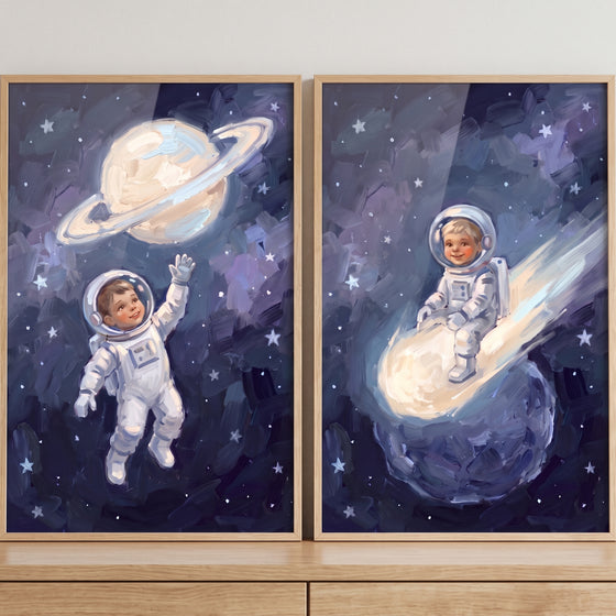 Thick brushstroke baby astronaut artwork set of 2 showing young astronauts near a ringed planet and riding a comet.