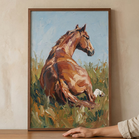 An expressive piece of art captures a chestnut horse in a relaxed pose, reclining in a meadow of tall grass. The animal is viewed from behind, turning its head to look over its shoulder. The piece is created with a thick, textured technique, using visible strokes to define the horse's form in shades of brown, ochre, and cream.