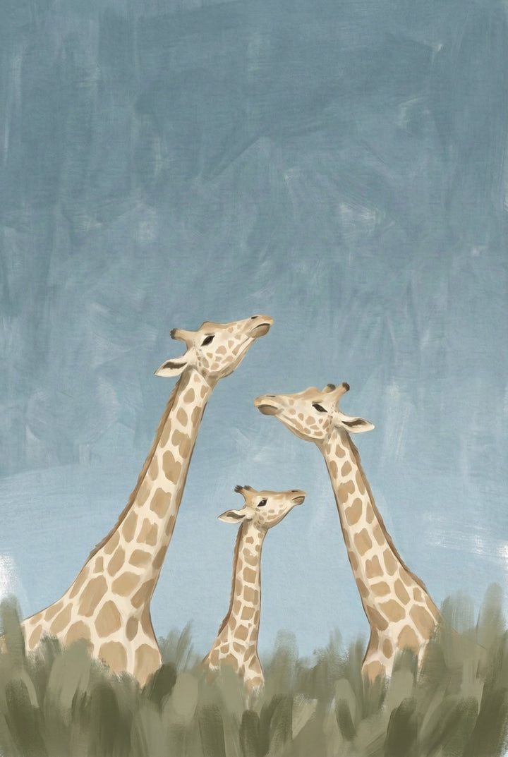 A warm illustration of three giraffes standing close together in tall grass, their heads tilted in a gentle, affectionate interaction.