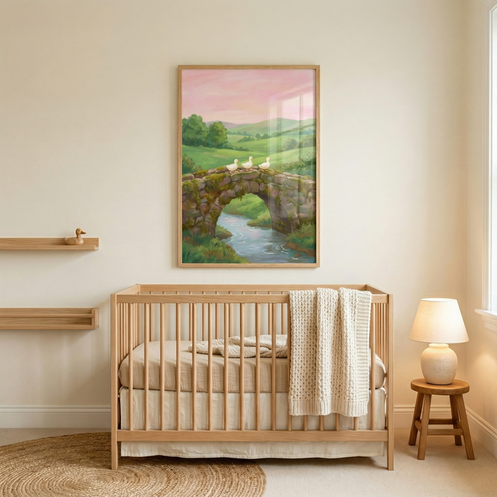 A serene nursery with light-colored walls and a natural wood crib. The crib is styled with beige bedding and a thick, cream-colored knitted throw hanging over the side. Hanging directly above the crib is a large, vertical frame containing a soft landscape illustration. This art depicts rolling green hills beneath a pink and peach-colored sky, with a stone arch bridge spanning a small stream and three white ducks resting atop the bridge.
