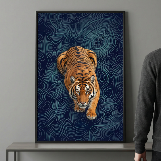 A vertically oriented, framed art piece hangs on a neutral grey wall above a simple table. The artwork features a detailed tiger viewed from an elevated perspective, looking directly forward. Its vibrant orange fur and black stripes stand out against a deep navy blue background filled with fine, light blue concentric and winding lines that create a topographical or rippling effect. A thin black frame surrounds the image.