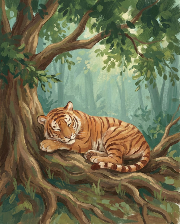 Illustration of a tiger peacefully sleeping on large, gnarled tree roots in a sun-dappled forest, with leafy green branches above, capturing a tranquil moment of rest in the wilderness.