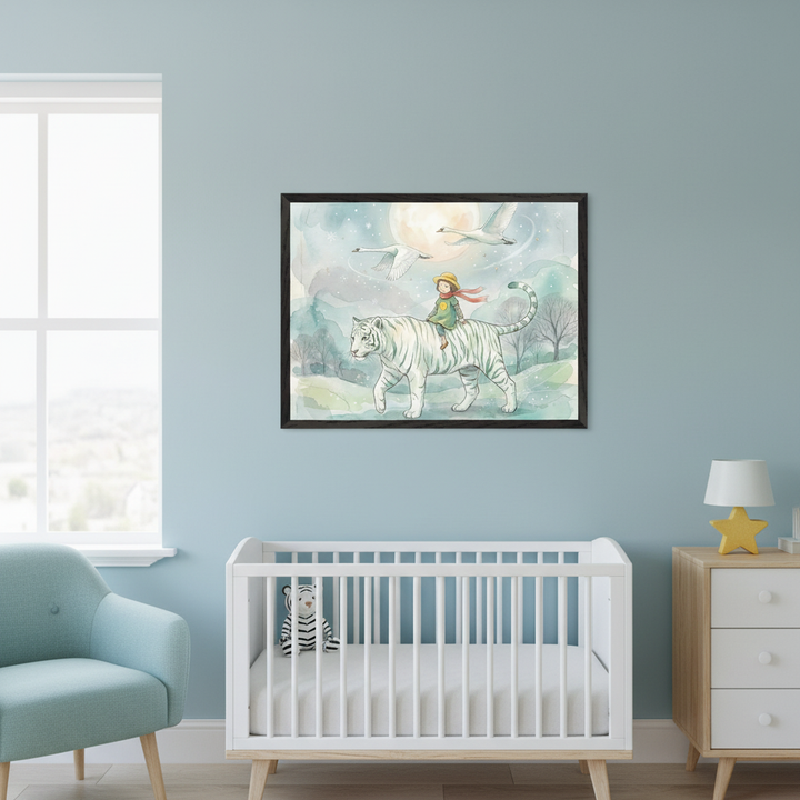 Modern nursery with a light blue armchair, white crib containing a zebra plush, and a wooden dresser with a star lamp. A framed watercolor painting of a child riding a white tiger under a full moon with flying swans hangs on a blue wall above the crib.
