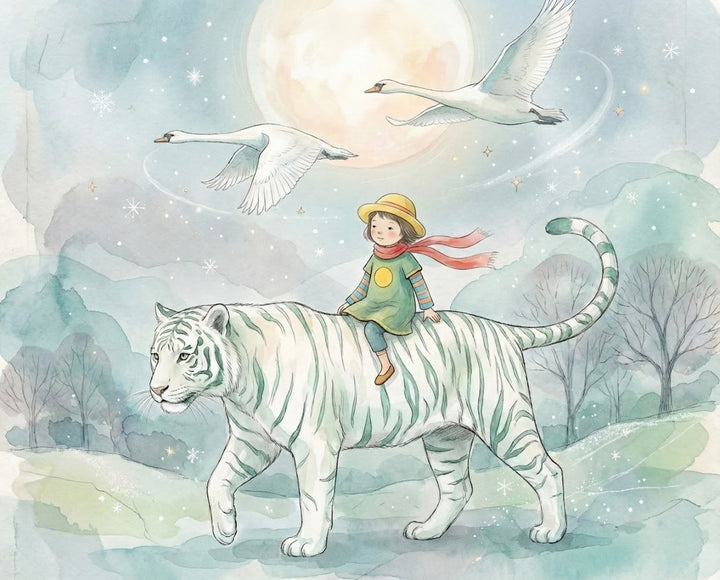Watercolor fantasy scene of a child wearing a yellow hat and red scarf riding a white tiger through a starry landscape under a glowing full moon, with white swans flying overhead and dreamy forested hills all around.