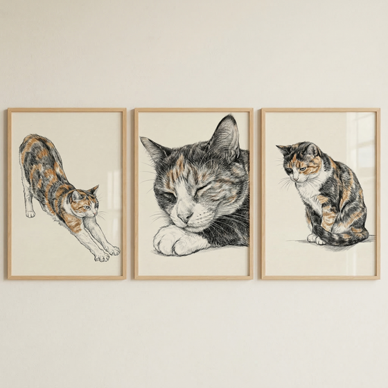This triptych features three framed illustrations of a calico cat, each captured in a different natural pose. The matching frames are made of a light, natural-colored wood and are hung horizontally in a row against a plain, off-white wall. The artworks themselves are created with fine-line sketching and subtle touches of color on a cream-colored background.