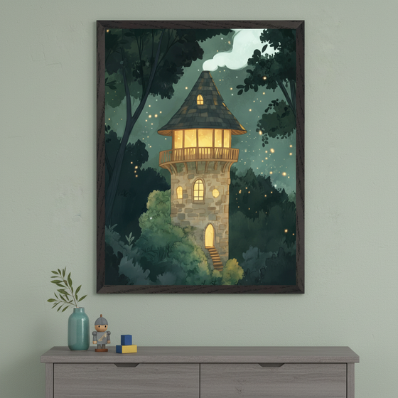 Modern room with a light green wall and a gray wooden dresser. A framed illustrative print depicting a stone tower with glowing windows and a smoking chimney at night, surrounded by dark trees with twinkling lights, hangs centered above the dresser. A vase, nutcracker, and blocks sit on the dresser.
