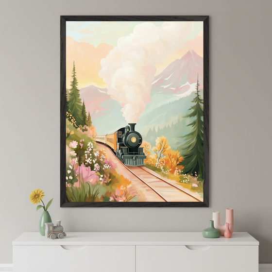 A vintage steam train travels along a curved track through a colorful autumn landscape, with mountains and pine trees in the background and billowing smoke in the sky. The artwork leans against a crib in a softly lit nursery, next to a plush gray elephant toy.