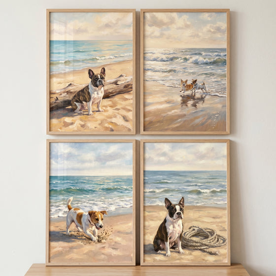 Tranquil ocean beach dogs wall art set of 4 featuring dogs resting and playing on sandy shores near blue coastal waves.