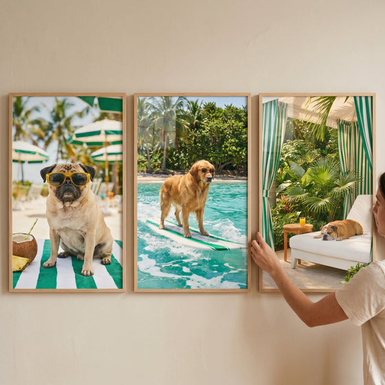 Tropical beach vacation dog wall art set of 3 shows dogs wearing sunglasses, surfing, and lounging in a cabana.