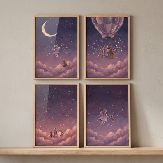 Twinkling purple girl dog wall art set of 4 features starry scenes with a crescent moon, telescope, and hot air balloon.