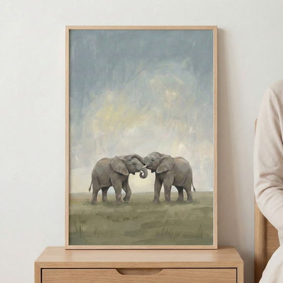 Two Elephants Soft Muted Tones Wall Art - Elephant Embrace