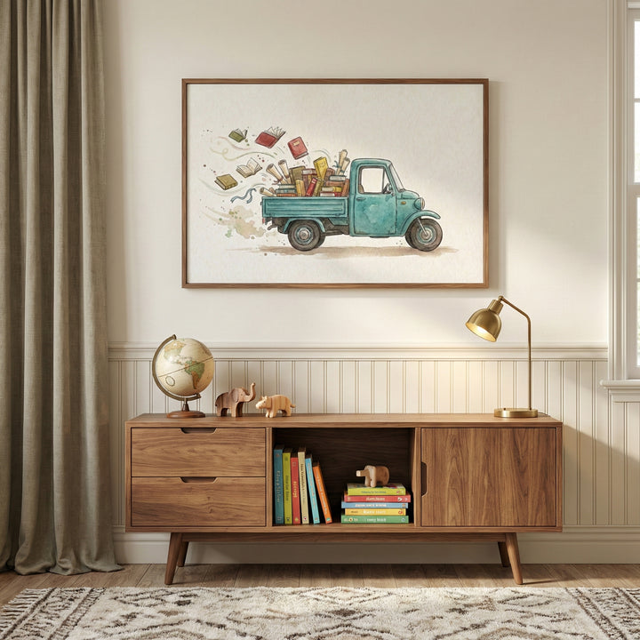 A cozy, book-themed room features a framed illustration of a whimsical teal vehicle overloaded with books and paper rolls, with flying pages adding motion. The scene complements a wooden console stacked with real children's books and globe decor.