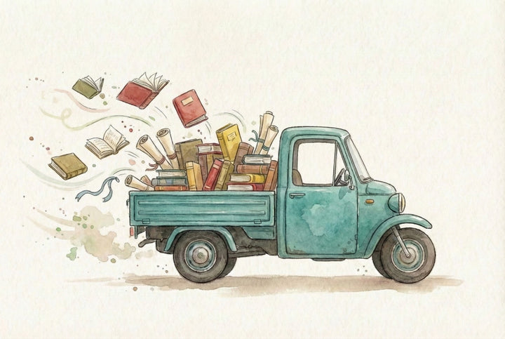 Whimsical watercolor illustration of a teal three-wheeled truck overflowing with books, scrolls, and papers. As the vehicle moves, books and pages fly out the back, creating a lively, imaginative scene filled with knowledge and creativity.
