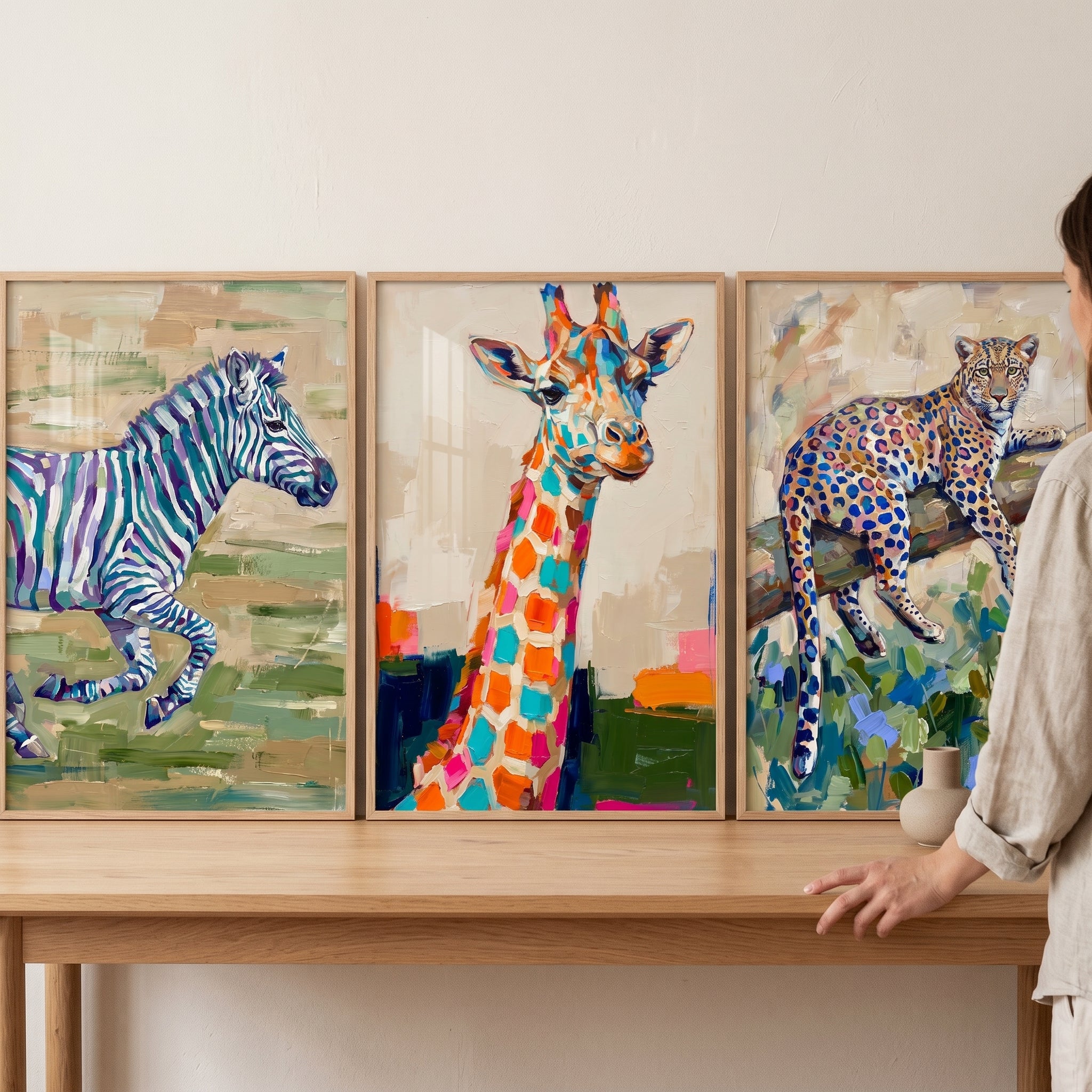 Vibrant Impasto Safari Animal Wall Art, 3 Piece Set