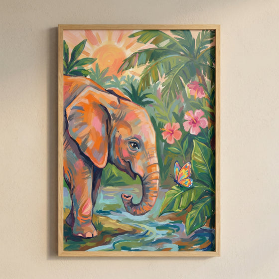 This illustrative artwork features a young elephant in a vibrant, lush tropical setting. The elephant, rendered with expressive strokes of orange, peach, and pink accented with blue highlights, stands near a flowing stream.