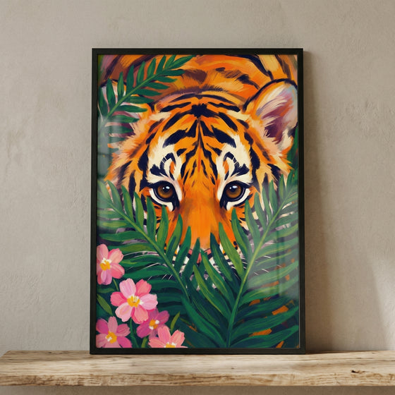A vibrant digital illustration shows a tiger's face peeking through dense jungle foliage. The tiger's head is prominently featured, with detailed orange and white fur accented by bold black stripes. Its large, expressive brown eyes look directly ahead.