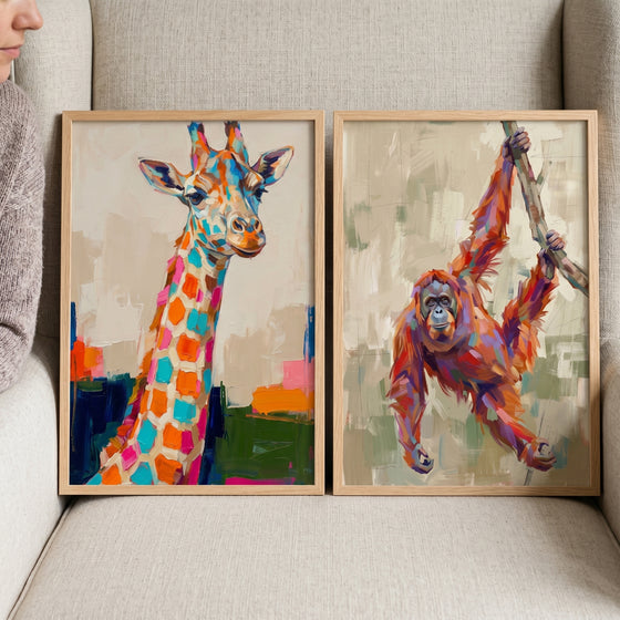 Vibrant textured wild animal wall art set of 2 featuring colorful giraffe and orangutan portraits in light wood frames.