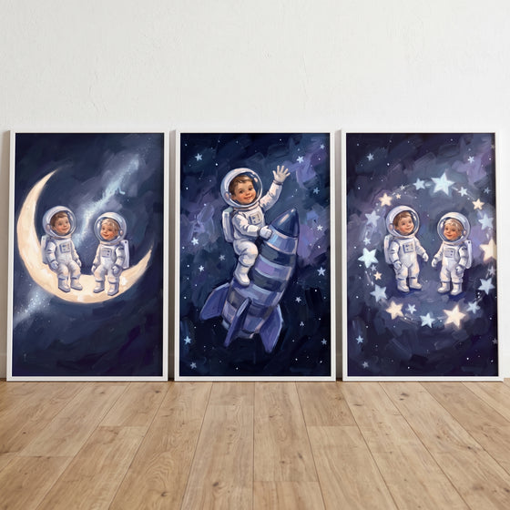 Vintage celestial baby astronaut wall art set of 3 featuring babies on a moon, a rocket, and a circle of stars.