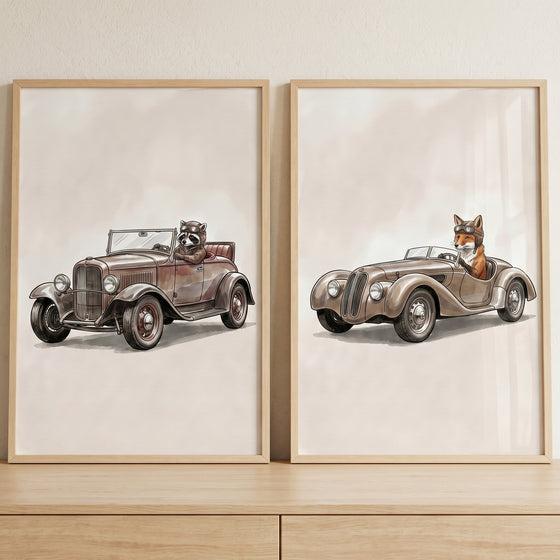 Raccoon and fox drive classic cars in this vintage goggles woodland animal car wall art set of 2.