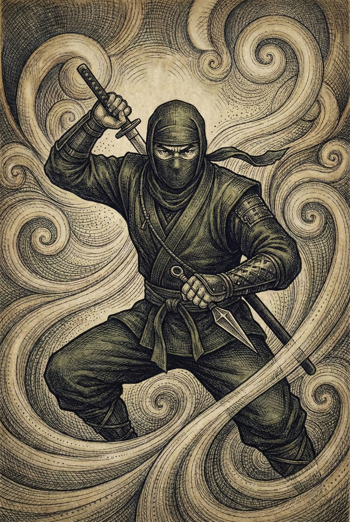 Highly detailed illustration of a masked ninja in a combat-ready stance, holding a dagger raised in one hand and a throwing knife in the other. The swirling, sepia-toned background evokes movement and stealth, enhancing the mysterious and intense atmosphere of the artwork.