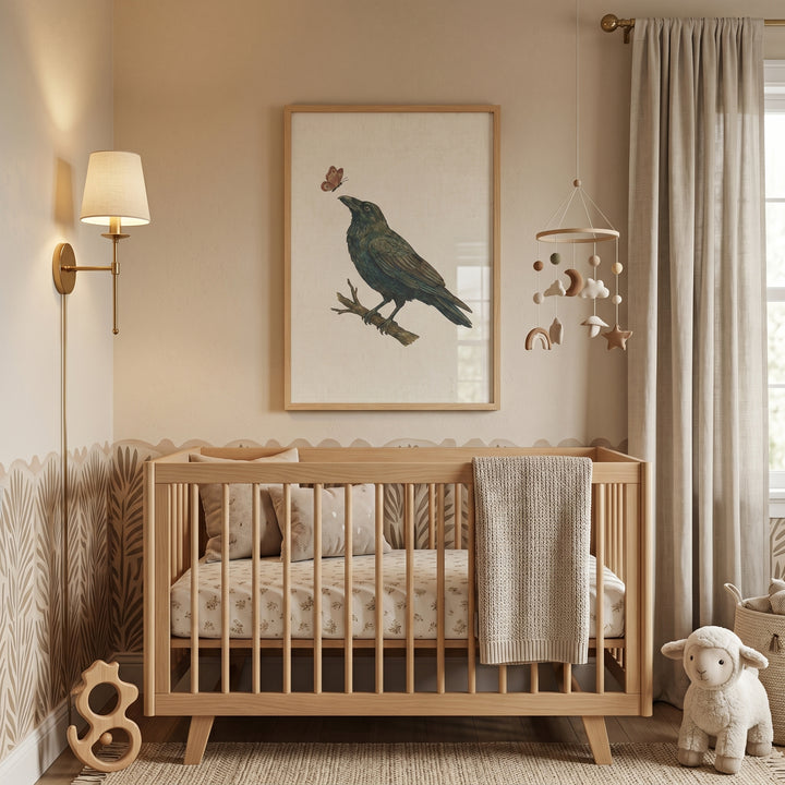 A neutral nursery with a wooden crib, vintage perched black raven wall art, hanging mobile, wall sconce, and lamb toy.