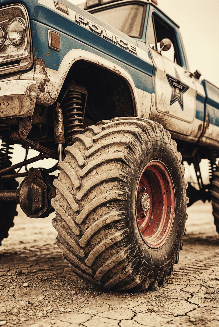 A low-angle, close-up photograph of a weathered monster truck styled as a police vehicle. The body is blue and white with the word "POLICE" and a star emblem on the side, showing visible rust and grime. The focus is on a massive, mud-caked tire with a red rim and deep treads. Heavy-duty suspension components, including a large coil spring, are visible behind the wheel. The truck is parked on a dry, cracked earth surface, and the image has a gritty, vintage aesthetic with warm, muted tones.