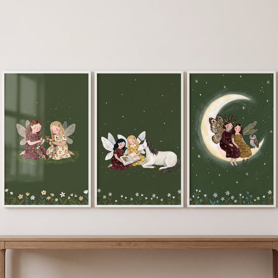 Fairies with a horse and owl on a crescent moon feature in this vintage starry night fairies wall art set of 3.