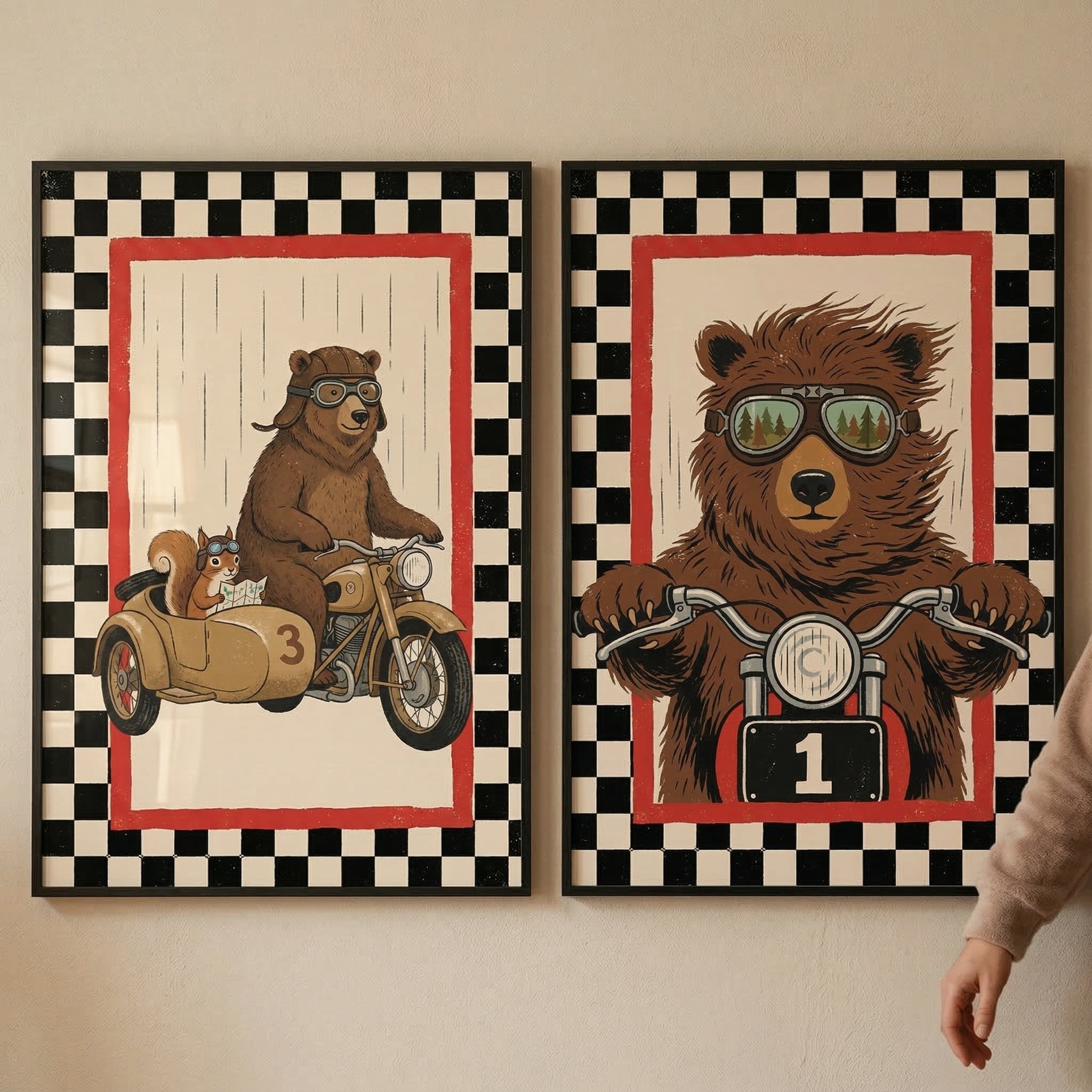 Vintage Biker Bear Art Prints - Set of 2 Retro Wall Decor