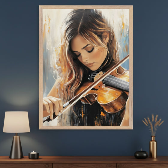 Modern room with a dark blue wall and a wooden dresser. A large framed expressive painting of a young woman with long hair playing a violin hangs centered above the dresser. A lamp, candle, and vase decorate the dresser.