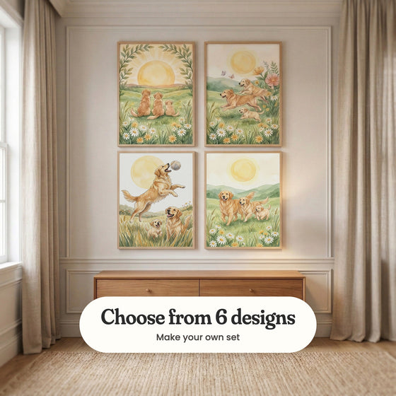 Cream panelled room with four golden retriever prints in light wood frames in two rows above a light wood dresser, between linen curtains and a window, over a jute rug: Golden Meadow Sunset, Golden Meadow Run, Golden Meadow Play and Sunny Daisy Meadow, with a label reading Choose from 6 designs, Make your own set