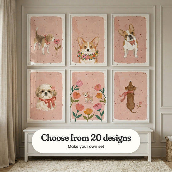 Cream panelled nursery with six dog prints in white frames in two rows above a low white bench, beside linen curtains and a woven basket: Beagle And Bloom, Floral Corgi Dreams, Dapper Bowtie Pup, Pretty Puppy Portrait, Petals And Paws and Cozy Scarf Pup, with a label reading Choose from 20 designs, Make your own set
