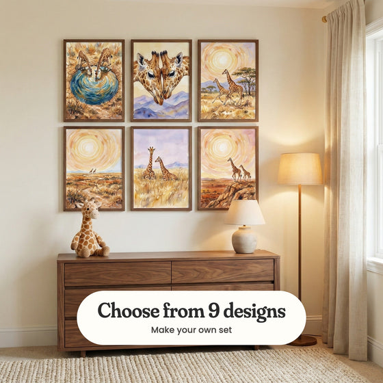Cream room with six savanna prints in dark wood frames in two rows above a walnut dresser with a plush giraffe and a table lamp, beside a floor lamp and a linen curtain: Savanna Mirror Sip, Graceful Giraffe Bond, Golden Savanna Stride, Golden Sun Journey, Savanna Serenity and Golden Savanna View, with a label reading Choose from 9 designs, Make your own set