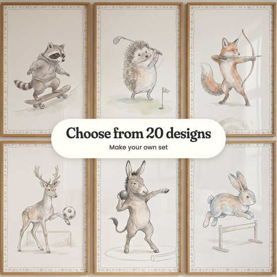 Six sporty animal prints in two rows: a raccoon in a hoodie riding a skateboard, a hedgehog swinging a golf club by a flag, a fox archer with a target, a deer kicking a soccer ball toward a goal, a donkey putting the shot and a rabbit jumping a hurdle, with a label reading Choose from 20 designs, Make your own set