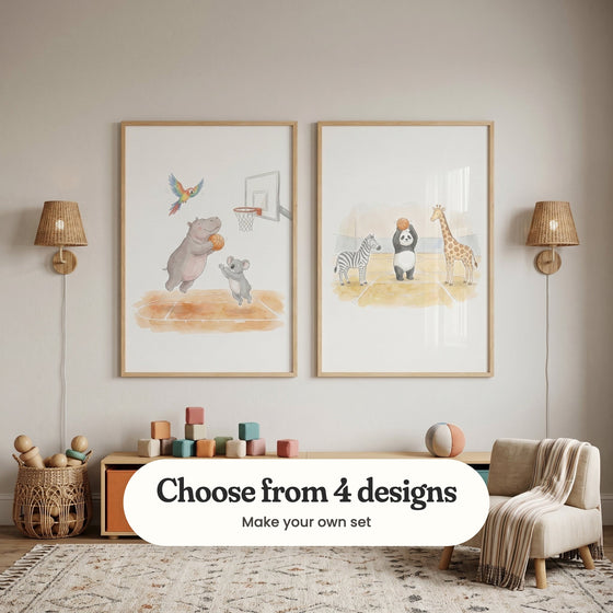 Kids' room with two animal basketball prints in light wood frames between two rattan wall lights, above a toy shelf with colorful blocks and a ball, beside a small armchair with a striped throw: Animal Basketball Fun and Wild Hoop Friends, with a label reading Choose from 4 designs, Make your own set