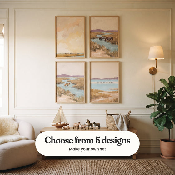 Cream panelled nursery with four horse prints in light wood frames in two rows above an oak bench with a toy sailboat and toy horses, beside a cream armchair, a fig plant and a wall light: Golden Horizon Herd, Wild Horse Stream, Serene Marsh Crossing and Quiet Shoreline Trek, with a label reading Choose from 5 designs, Make your own set