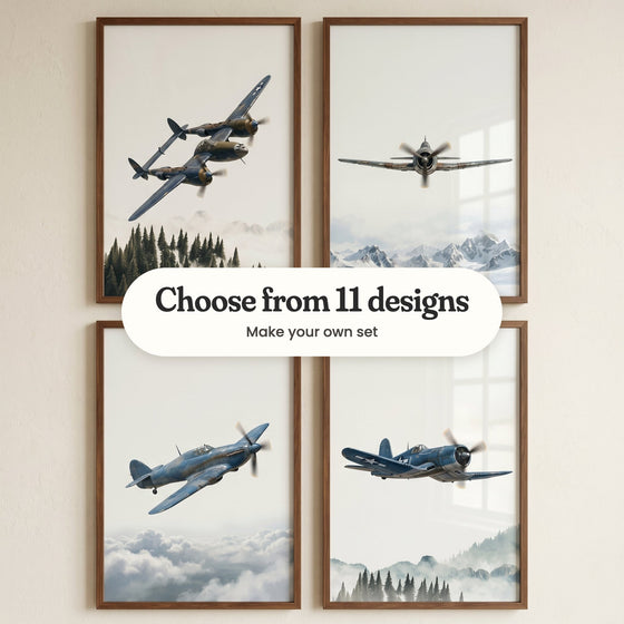 Four vintage airplane prints in walnut frames on a light wall: a twin-tailed plane over a misty pine forest, a plane flying straight ahead above snowy mountains, a blue fighter plane above the clouds and a blue plane with bent wings over misty pine hills, with a label reading Choose from 11 designs, Make your own set