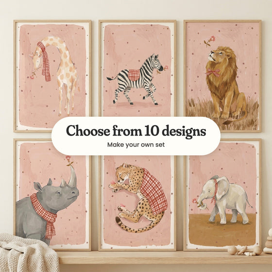 Six safari animal prints in light wood frames in two rows, the bottom row on a wood shelf: Sweet Giraffe Bloom, Striped Flower Friend, The Dapper Lion, Gentle Rhino Bloom, Cozy Cheetah Nap and Sweet Blossom Elephant, with a label reading Choose from 10 designs, Make your own set