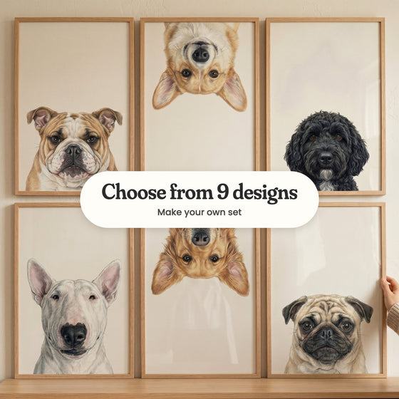 Six dog portrait prints in light wood frames in two rows, the bottom row on a wood ledge and the top row on the wall above: a bulldog, an upside-down corgi, a black curly dog, a bull terrier, an upside-down golden retriever and a pug, with a label reading Choose from 9 designs, Make your own set