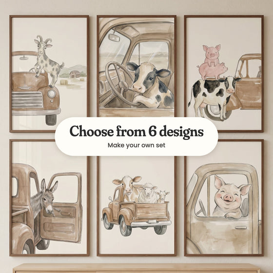 Six farm truck prints in dark wood frames in two rows above the edge of a light wood dresser: a spotted goat on a truck hood, a calf at the steering wheel, two pigs standing on a cow, a donkey at an open truck door, a cow, sheep and goat in a pickup and a smiling pig in a truck window, with a label reading Choose from 6 designs, Make your own set