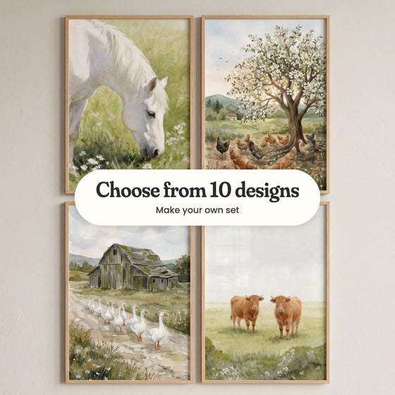 Four farm prints in light wood frames in two rows on a pale wall: a white horse grazing among wildflowers, hens pecking under a blossoming tree, white geese walking a lane past an old barn and two brown cows in a pasture, with a label reading Choose from 10 designs, Make your own set