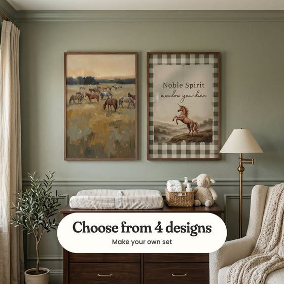 Sage green panelled nursery with two western prints in dark wood frames above a dark wood changing dresser with a plush lamb, beside a brass floor lamp, a cream armchair and an olive tree: Golden Hour Pasture and Noble Meadow Spirit, with a label reading Choose from 4 designs, Make your own set