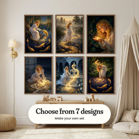 Cream playroom with six prints in dark wood frames in two rows above a low light wood sideboard with a wooden toy train and blocks, beside a brass wall lamp, a cream canopy with floor cushions, a knit pouf and a fluffy rug: Golden Fish Leap, Golden Marsh Glow, Golden Light Bearer, Luminous Ocean Glow, Golden Light Stream and Mystic Water Glow, with a label reading Choose from 7 designs, Make your own set