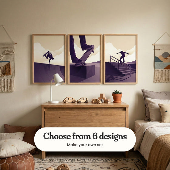 Cream bedroom with three skateboarding prints in light wood frames above a light wood dresser with a white desk lamp, wooden toy cars and a plant, beside a bed and woven wall hangings: Skyward Handplant, Purple Board Balance and Urban Rail Slide, with a label reading Choose from 6 designs, Make your own set